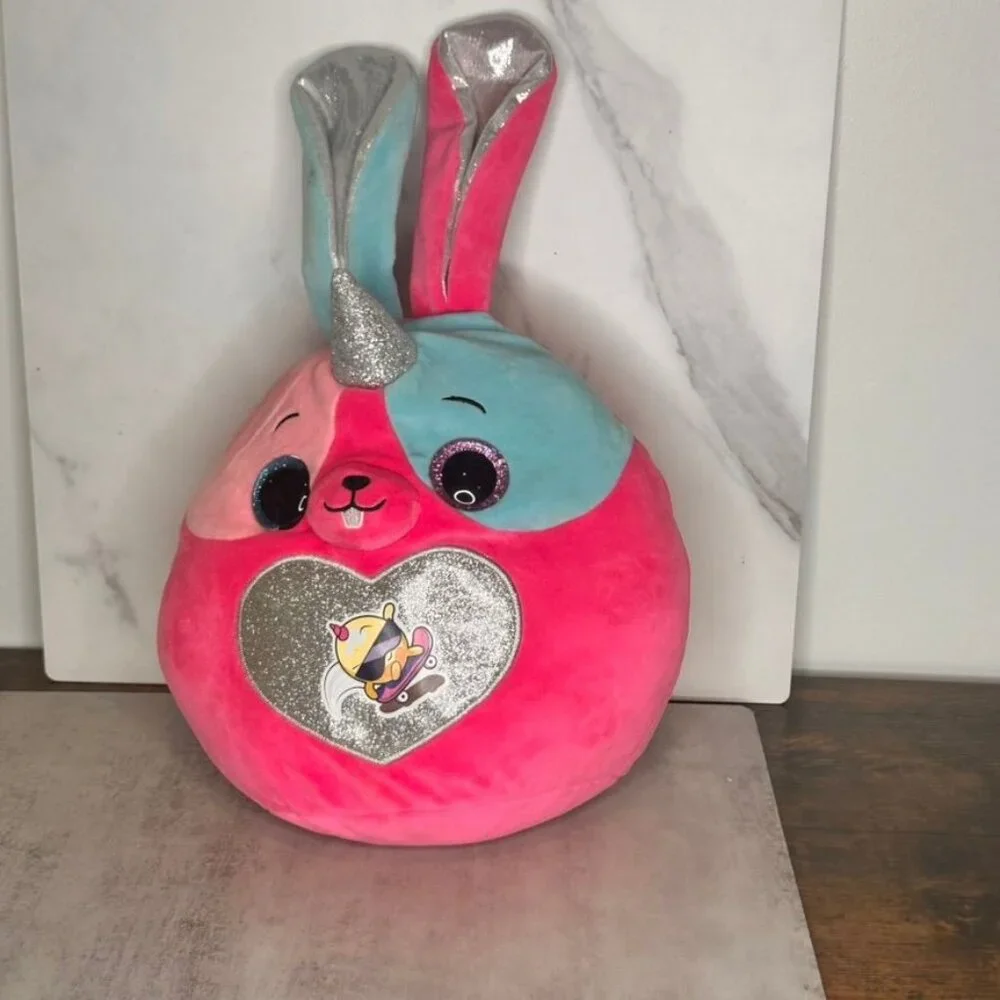 Rainbow Unicorn Bunny Plush Toy With Sparkly Ears & Heart Pink & Blue 12" - Picture 5 of 11